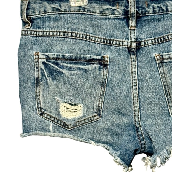 Free People Distressed High Rise Step Hem Button Fly Cutoff Frayed Hem Shorts - Picture 5 of 9